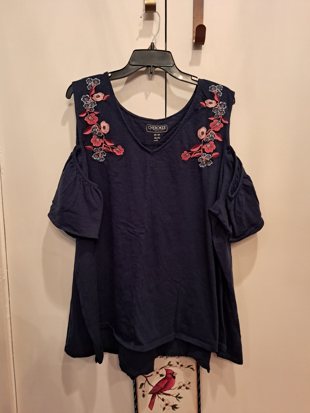 Cherokee Navy Cold-Shoulder Top with Pink Floral Embroidery